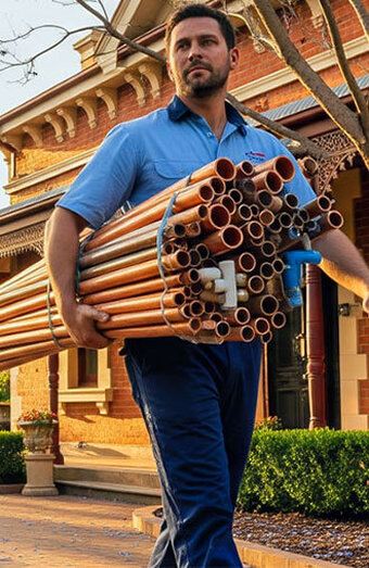 Plumber Carrying Copper Pipes