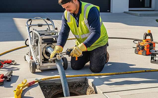 Plumber Inserting Hose Into Drain